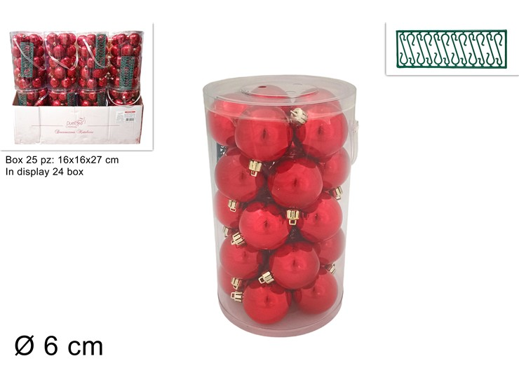 SFERE LUCIDE 6 CM. CONF. 24 PZ. IN CILINDRO ROSSE CON GANCETTI DUESSE