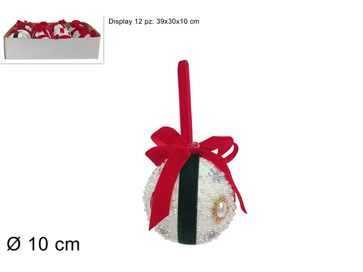 SFERE LAVORATE SINGOLE 10 CM. BIANCA CON PERLINE E FIOCCO ROSSO DUESSE