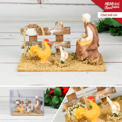 SCENARIO RECINTO CON ANIMALI GALLINE CON CONTADINA CM.12x8x6.5 IDEA'S