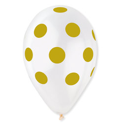 PALLONCINI 12 POLLICI CON POIS CM.30 CONF.100PZ. CONFETTI ORO SU TRASP. BIGPARTY