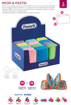 ASTUCCIO SCUOLA 3 ZIP MONOCOLORE PASTELLO 12+18 FILA + ACCESSORI FAVORIT
