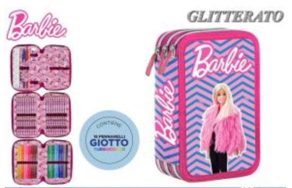 ASTUCCIO SCUOLA 3 ZIP BARBIE GLITTERATO 12+18 FILA + ACCESSORI EOLD.