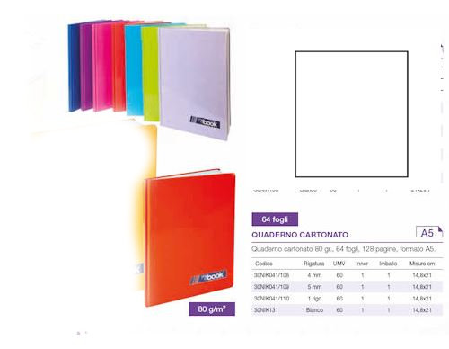 QUADERNO CARTONATO 64FF A5 RIGATURA FOGLIO BIANCO MONOCOLORE NIKOFFICE PEZZI 5