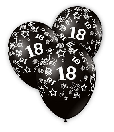 FESTA 18 ANNI PALLONCINI 12 POLLICI CM.30 SCRITTA BIANCA SU COL. NERO CONF.100PZ