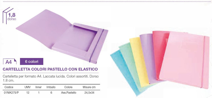 CARTELLA IN POLIPROPILENE CON ELASTICO TONDO A4 DORSO CM.1,8 TINTE PASTELLO NIK
