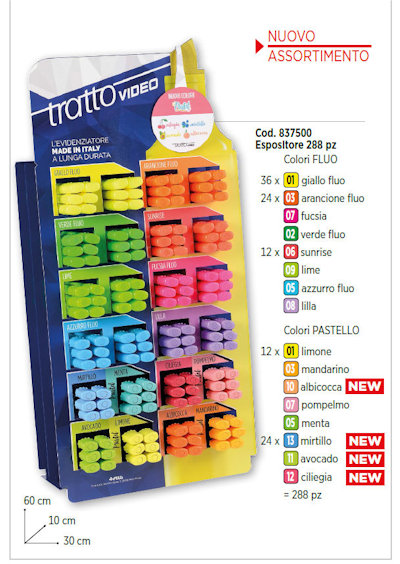 EVIDENZIATORE TRATTO VIDEO ESPOSITORE TINTE PASTELLO ED FLUO PEZZI 288