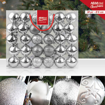 SFERE LUCIDE 6 CM. CONF. 30 PZ. IN SCATOLA VETRINA ARGENTO CON DECOROIDEA'S