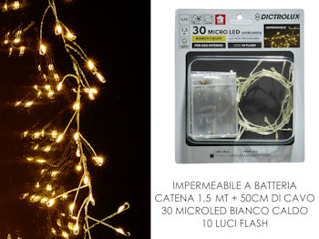 30 LED MINILUCCIOLE A BATTERIA ESTERNO MT.1,5+cavo cm.50  BIANCA CALDA 405822 GE