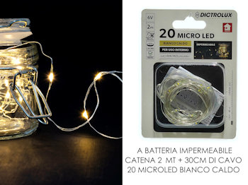 20 LED MINILUCCIOLE A BATTERIA ESTERNO MT.2+cavo cm.30  BIANCA CALDA 405831 GENE