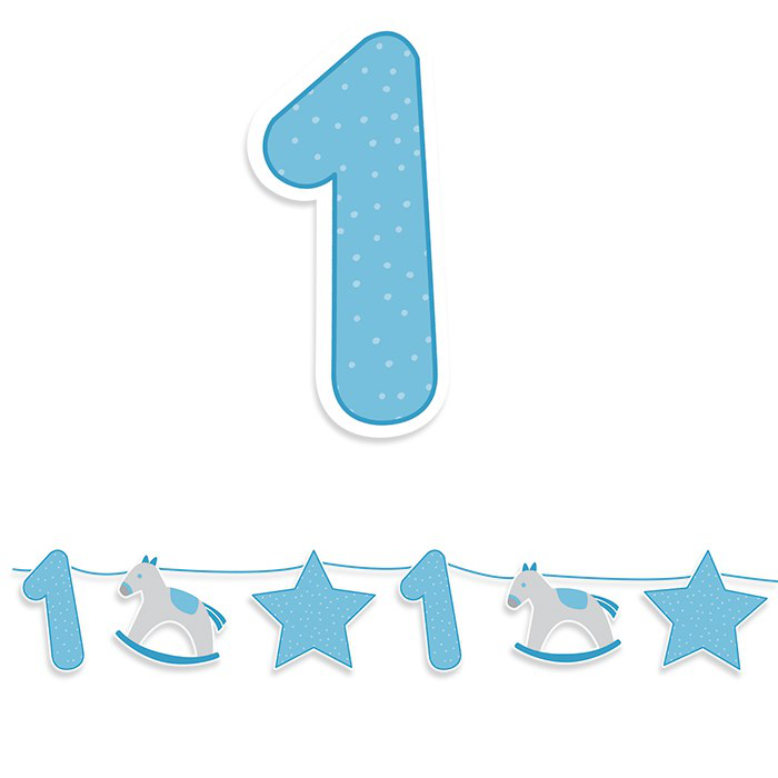 PRIMO COMPLEANNO CELESTE FESTONE SCRITTA CON NUMERO 1 BIGPARTY