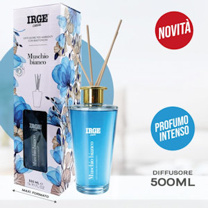 DEODORANTE AMBIENTE LIQUIDO CON BASTONCINI 500 ML. IN VASETTO MUSCHIO BIANCO IRG
