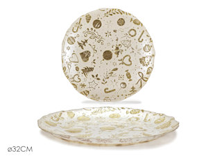CENTROTAVOLA PIATTO IN VETRO CM.D.32 BIANCO CON DECORI ORO 577543 GENERAL