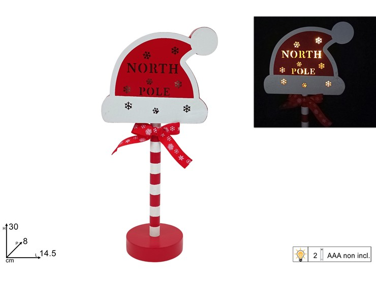 PERS. CARTELLO NATALIZIO CAPPELLO BABBO NATALE IN LEGNO CON LUCI CM.14xH.30 DUES