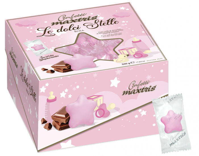 CONFETTI MAXTRIS AL CIOCCOLATO DOLCI STELLE 500gr. ROSA INCARTATI IN VASSOIO MAN