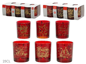 BICCHIERE ACQUA 250ML. SET. 6PZ. ROSSI CON DECORI NATALIZI 949258 GENERAL