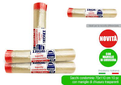 SPAZZATURA sacchi N.U. 70x110 CONF. 10PZ. TRASPARENTE AMBRA CON MANICI IRGE