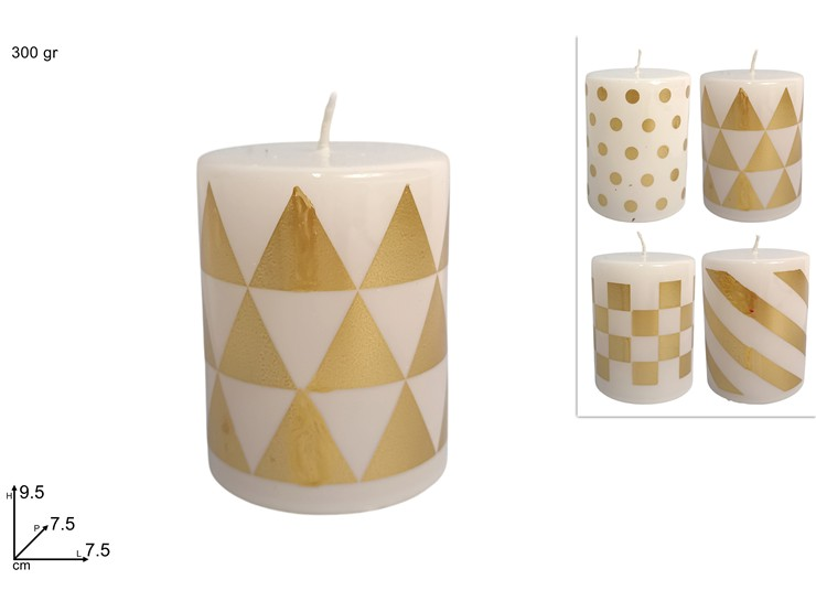 CANDELA CERO BIANCA DECORATI ORO 300GR. CM.7,5xH.9.5 DUESSE
