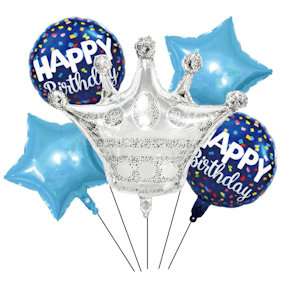 BUON COMPLEANNO HAPPY KIT MYLAR CON SAGOMATO CORONA ARGENTO E CELESTE SWEEPING