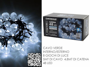 48 LED CATENA PALLINE MT.4,8+0.5 CAVO LUCE BIANCA FREDDA x ESTERNO PROGR GENERAL