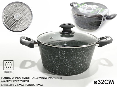 CASSERUOLA FONDO A INDUZIONE ALLUMINIO STEEL CM.32 COPERCHIO VETRO MANICI 2