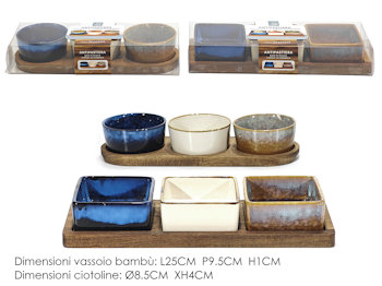 ANTIPASTIERA IN CERAMICA 3 POSTI SU BASE IN LEGNO RETTANGOLARE 636100 GENERAL