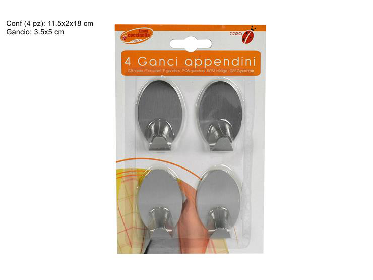 GANCIO APPENDINO ADESIVO 1 POSTO IN ACCIAIO OVALE CONF.4PZ. CM.3.5x5 SU BLISTER
