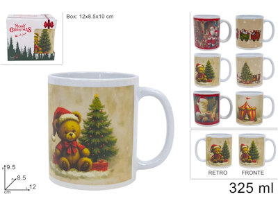 TAZZA IN CERAMICA 325ML. BIANCA CON DECORO BABBO NATALE E RENNA DUESSE