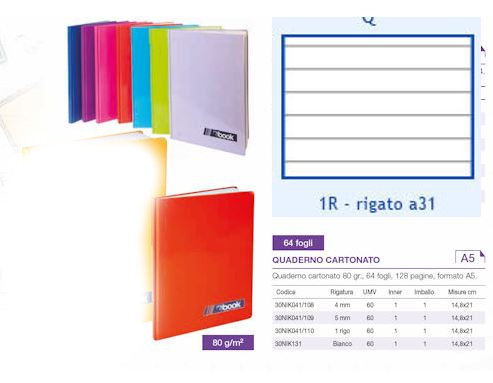 QUADERNO CARTONATO 64FF A5 RIGATURA 1 RIGO MONOCOLORE NIKOFFICE PEZZI 5