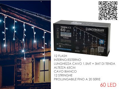 TENDA 60 LED MT.3+1,5 CAVO H.65cm.  BIANCA GHIACCIO ESTERNO CON 12 FLASH 451190