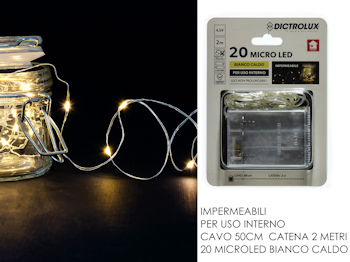 20 LED MINILUCCIOLE A BATTERIA PER INTERNO MT.2+0,5 CAVO BIANCA CALDA GENERAL