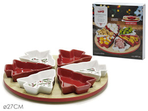 CENTROTAVOLA ANTIPASTIERA NATALIZIA 6 CIOTOLINE SAGOMATE ALBERO BASE LEGNO TONDA