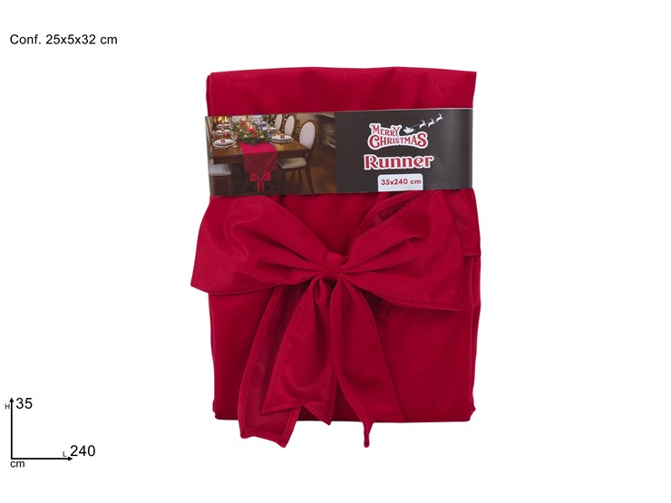 TAVOLA SOLO RUNNER NATALIZIO CM.35x240 VELLUTO ROSSO CON FIOCCO DUESSE