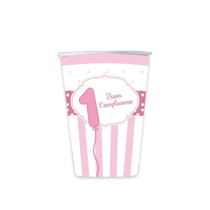 PRIMO COMPLEANNO ROSA BICCHIERI CC.200 CONF.8PZ. BIGPARTY