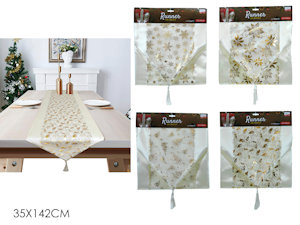 TAVOLA SOLO RUNNER NATALIZIO CM.35x142 CREMA CON DECORI ORO 412136 GENERAL