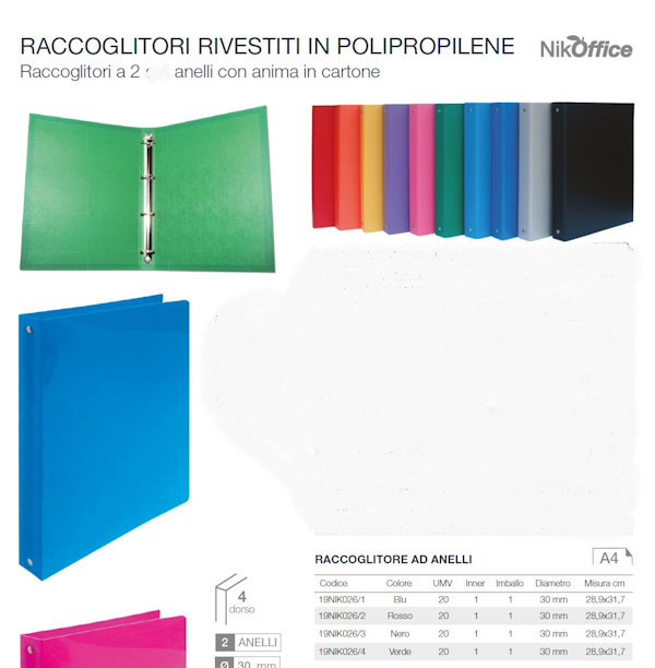 RACCOGLITORE 2 ANELLI D.30mm A4 CARTONCINO RIVESTITO IN PPL ROSSO NIKOFFICE