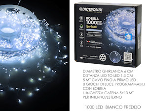1000 LED GHIRLANDA INTERNO/ESTRENO MT.13 + 5 CAVO BIANCA FREDDA PROGRAM. NO PROL