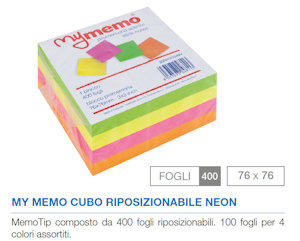 MEMO BLOCCO ADESIVO mm..76x76 COLORI NEON CUBO MY MEMO 400 FOGLI NIKOFFICE