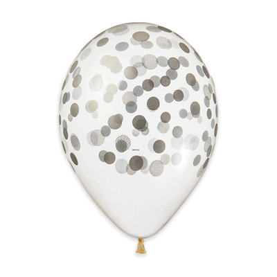 PALLONCINI 12 POLLICI CON POIS CM.30 CONF.50PZ.CONFETTI ARGENTO SU TRASP. DIMAV