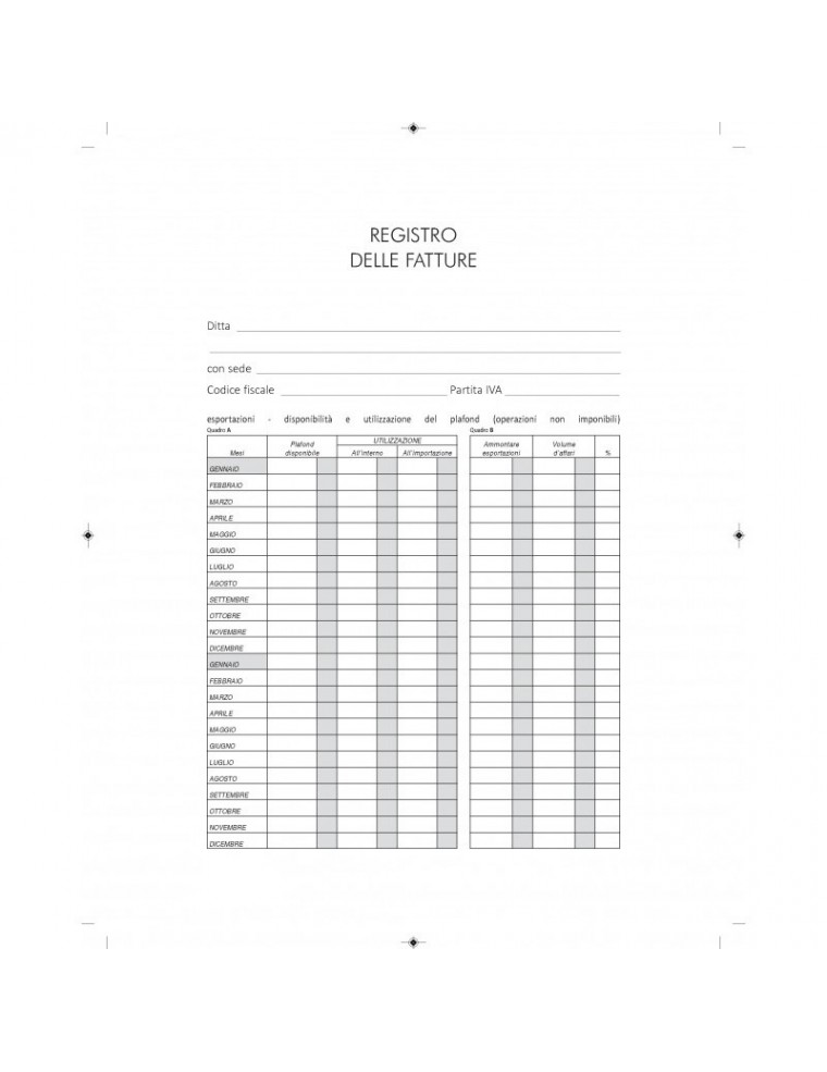 FATTURA REGISTRO FATTURE IVA NUMERATE CM.21x29 10 FOGLI DATA UFFCIO