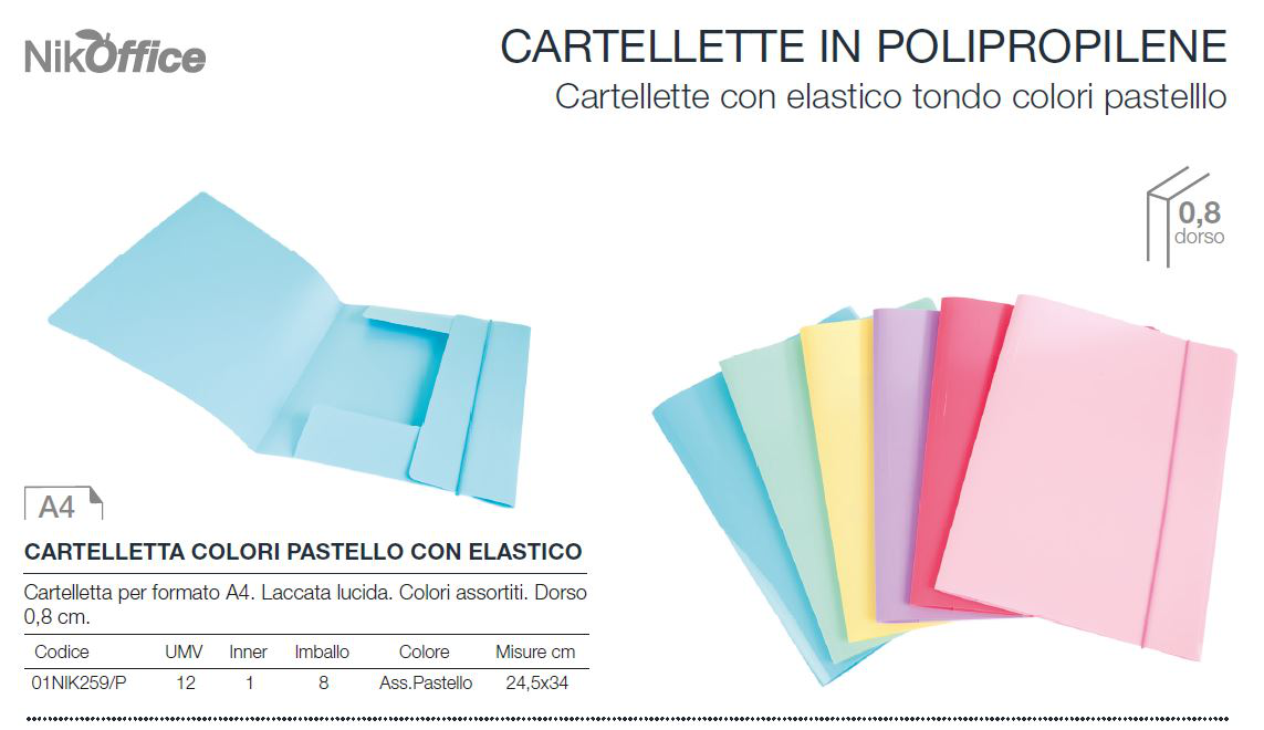 CARTELLA IN POLIPROPILENE CON ELASTICO TONDO A4 DORSO CM.0,8 TINTE PASTELLO NIKO
