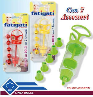 SIRINGA PER DOLCI CON 6 BECCUCCI  23CM COLOR SU BLISTER FATIGATI