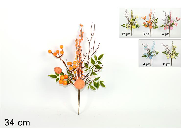 DECORAZIONE SPILLONE RAMO CON 2 OVETTI E BACCHE COLOR CM.34