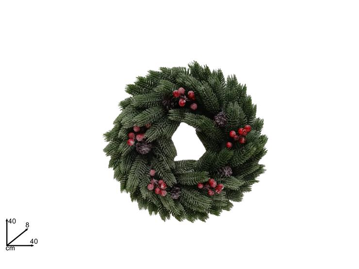 GHIRLANDA TONDA CM.40 VERDE IN PVC INNEVATA CON BACCHE ROSSE DUESSE