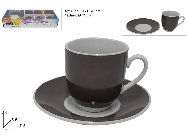 CAFFE' TAZZINE SET 6 PZ. CON PIATTINI MARRONI CON INTERNO BIANCO DUESSE