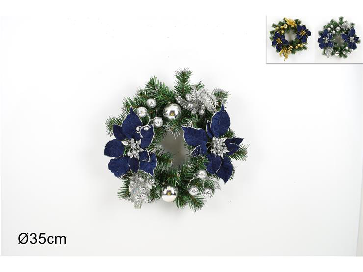GHIRLANDA TONDA CM.35 VERDE CON PALLINE STELLE DI NATALE IN BLU DUESSE
