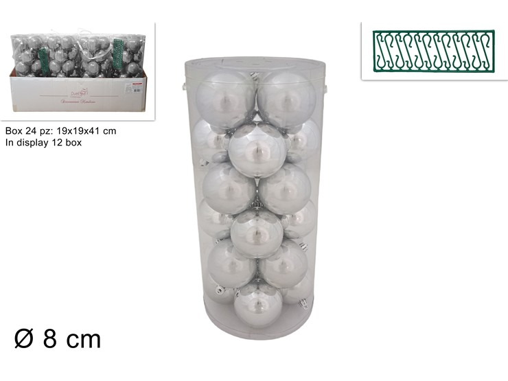 SFERE LUCIDE 8 CM. CONF. 24 PZ. IN CILINDRO ARGENTO CON GANCETTI DUESSE