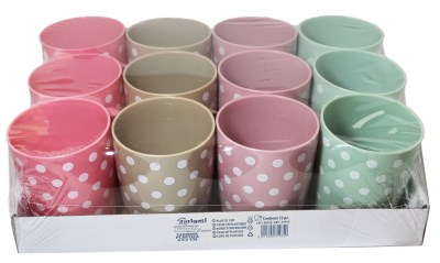 TAZZA IN PLASTICA MUG 400ML. BICOLORE ASSORTITI CON POIS CM.D.8.5 FATIGATI