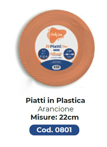 PIATTO IN PLASTICA RIUTILIZZABILE PIANO D.220 ARANCIO 20PZ PARTY LINE