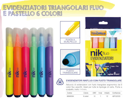 EVIDENZIATORE NIKOFFICE CONF. DA 6PZ. FLUO FUSTO TRIANGOLARE CON PUNTA SCALP