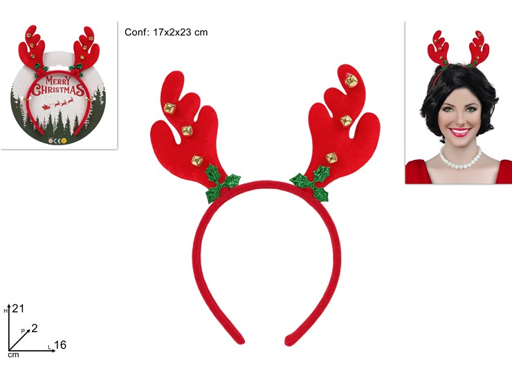 PARTY NATALE CERCHIETTO NATALIZIO CON 2 CORNE DI RENNA E CAMPANELLINI DUESSE